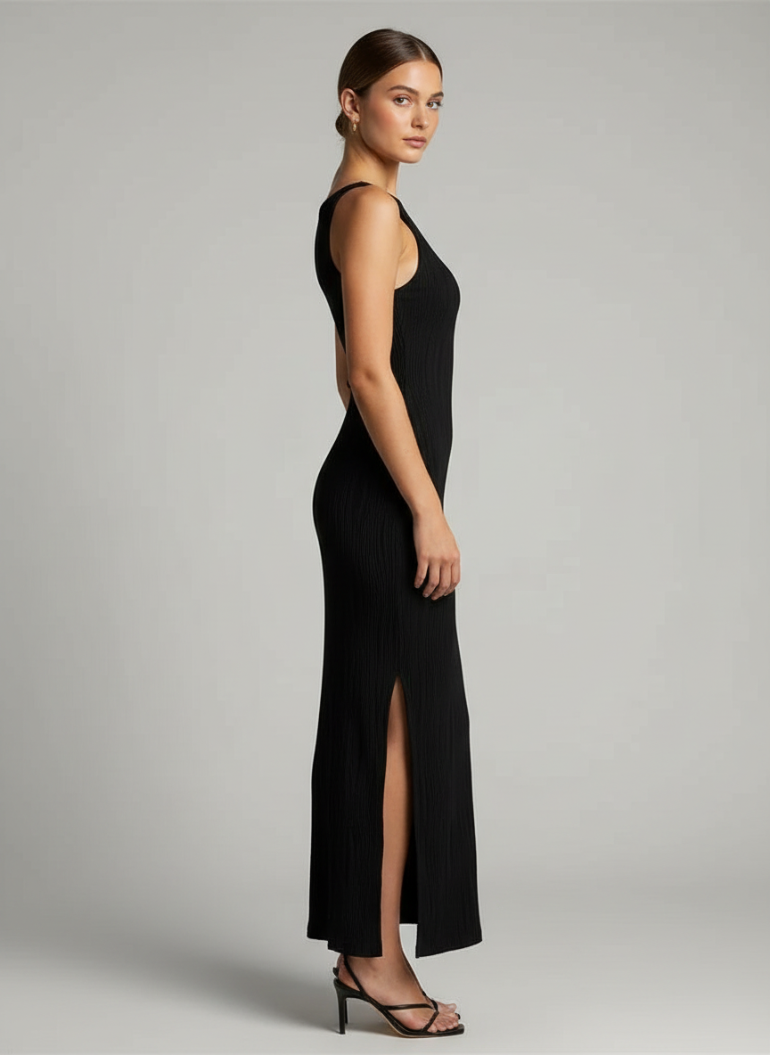 The Lisse Maxi — Textured Elegance Back-Split Dress